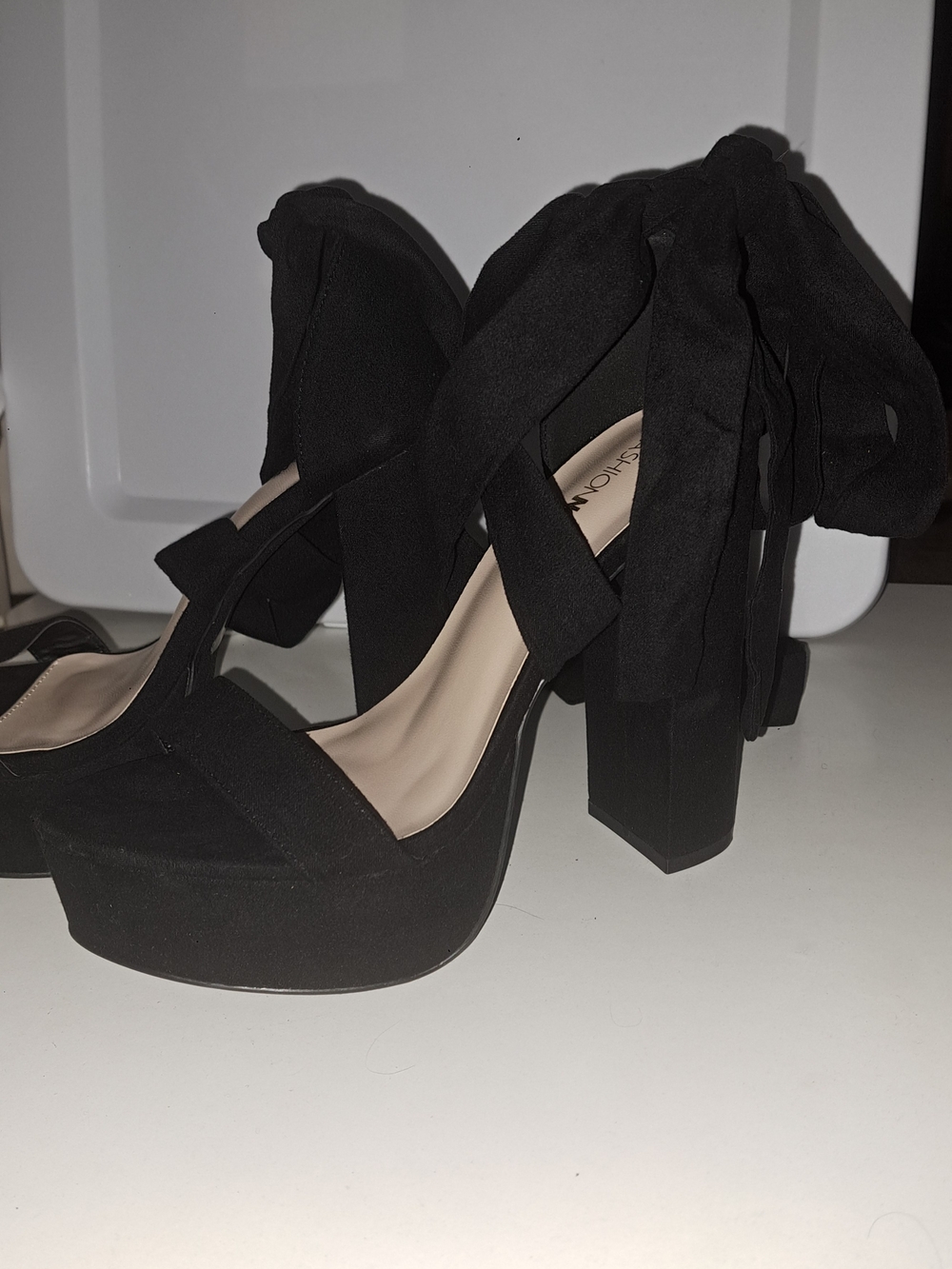 Fashion Nova Black Suede Platform Block Heels with Ankle Wrap
